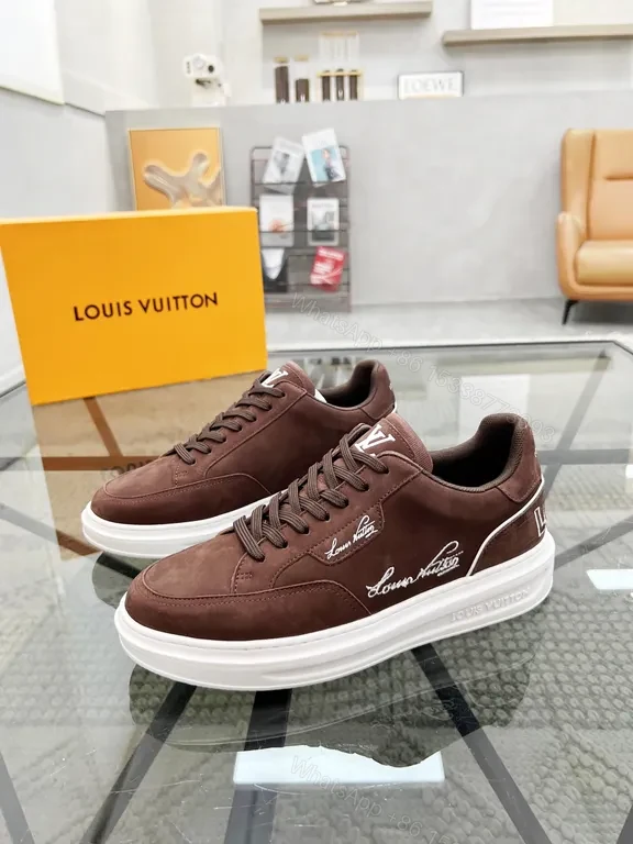 View 9 of Rich Leather LV Emblem Low-Top Sneakers - Suede, White Sole