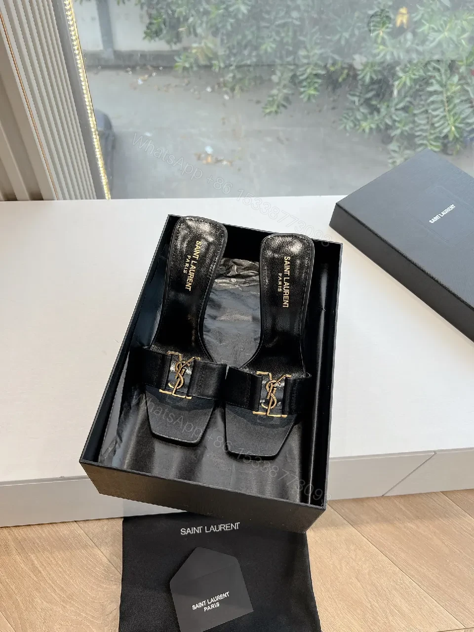 View 2 of Black Satin Mules with YSL Gold Emblem - Luxe Everyday Glam