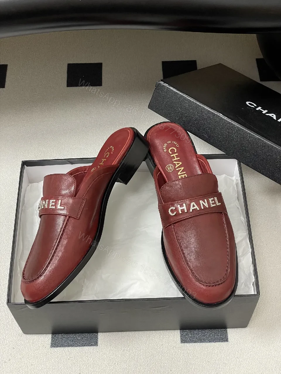 View 2 of Burgundy Leather Mule Slides with Signature Logo Billet