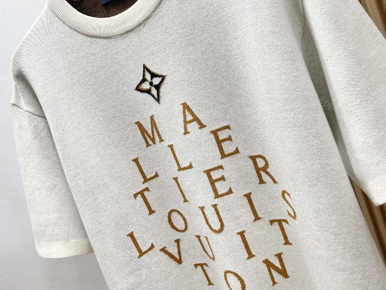 View 6 of Light Beige Crewneck T-Shirt with Gold-Brown Circular LV Print