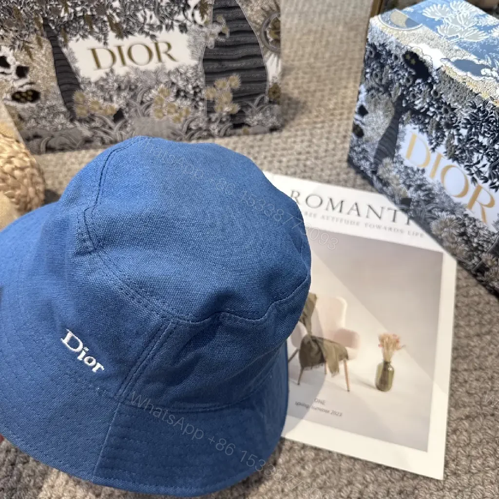 View 3 of Denim Blue Bucket Hat Solid Stitching Crown Embroidered Dior Logo