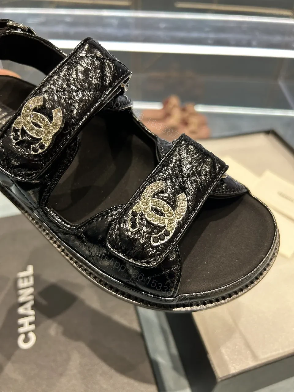 View 3 of Black Patent Sandals with Logo Straps – Luxe Everyday Comfort