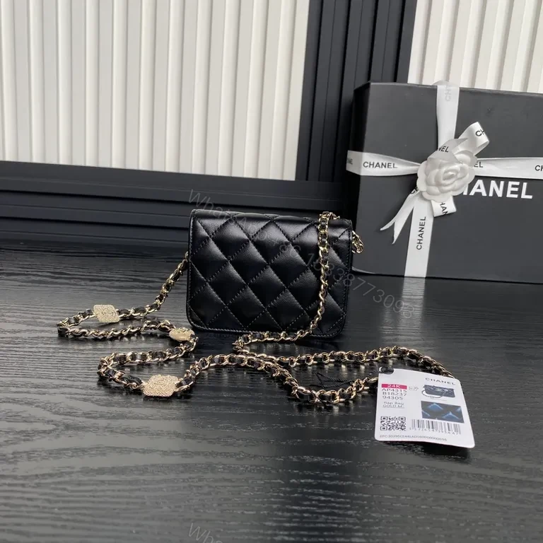 View 4 of Compact Quilted Chain Bag with Gold Hardware - Luxury Shadow Black Leather