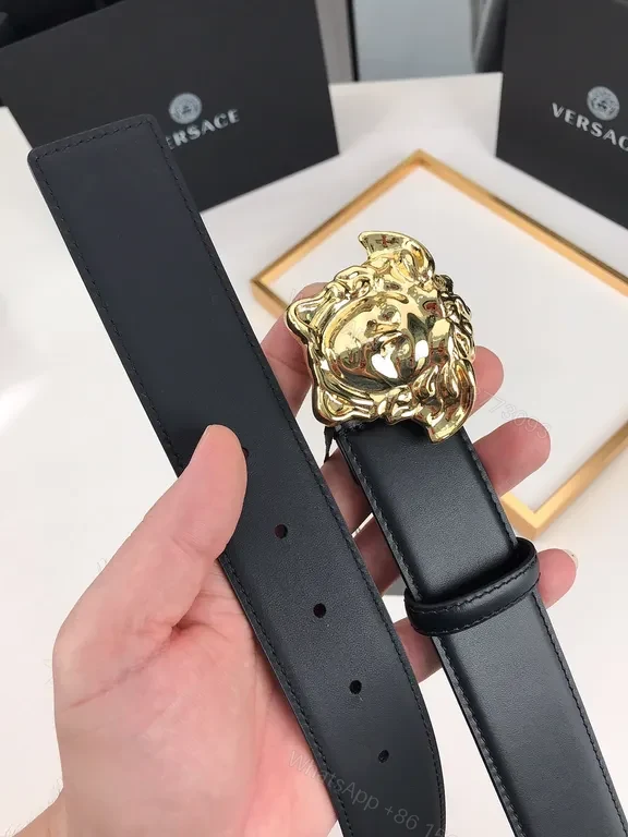 View 3 of Black Leather Belt with Gold Medusa Buckle - Lux, Versace-Inspired