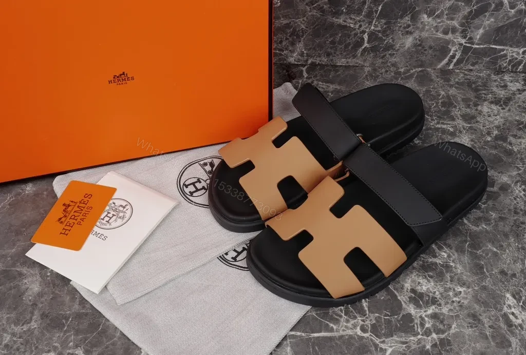 View 8 of Hermes Oran Leather Slides â€” H-Cutout, All-Day Comfort, Black/Tan