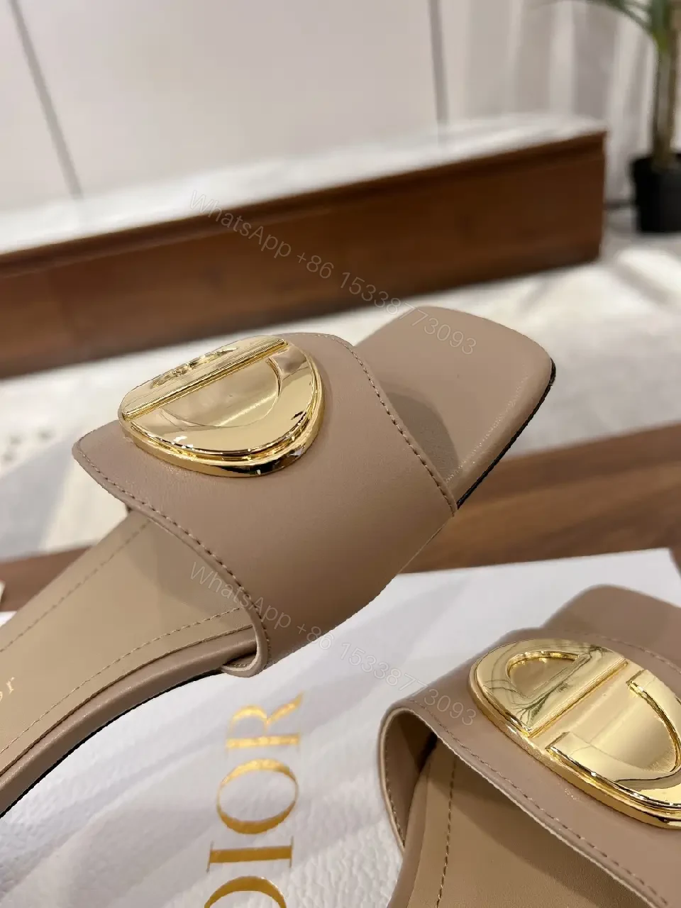 View 5 of Beige Leather Slide Sandals with Gold Logo Buckle, Dior Style