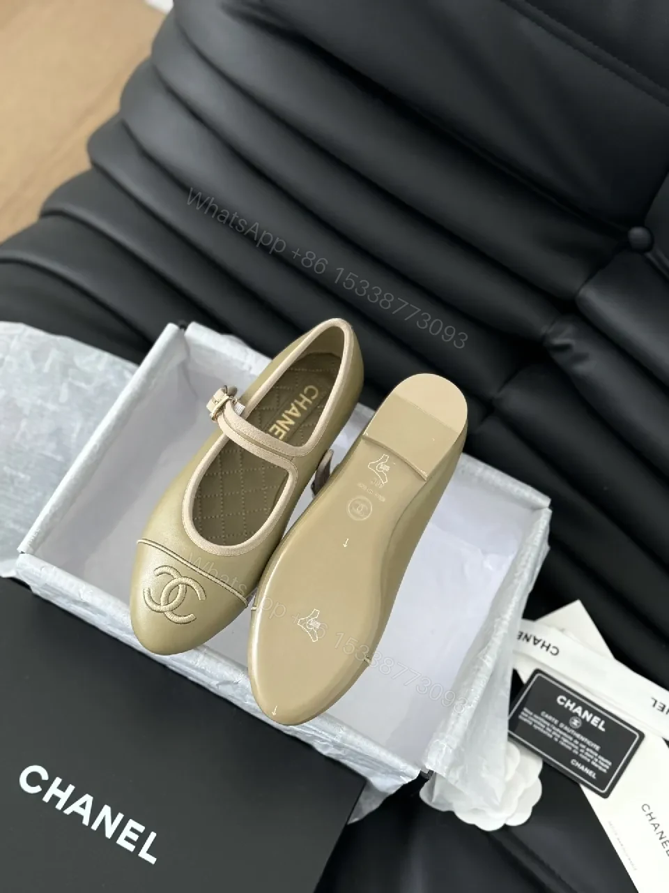 View 4 of Taupe Leather-Look Mary Jane Flats with Cushioned Insole