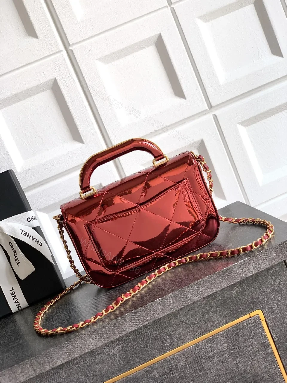 View 4 of Quilted Burgundy Mini Bag, Gold Clasp, Chain Crossbody
