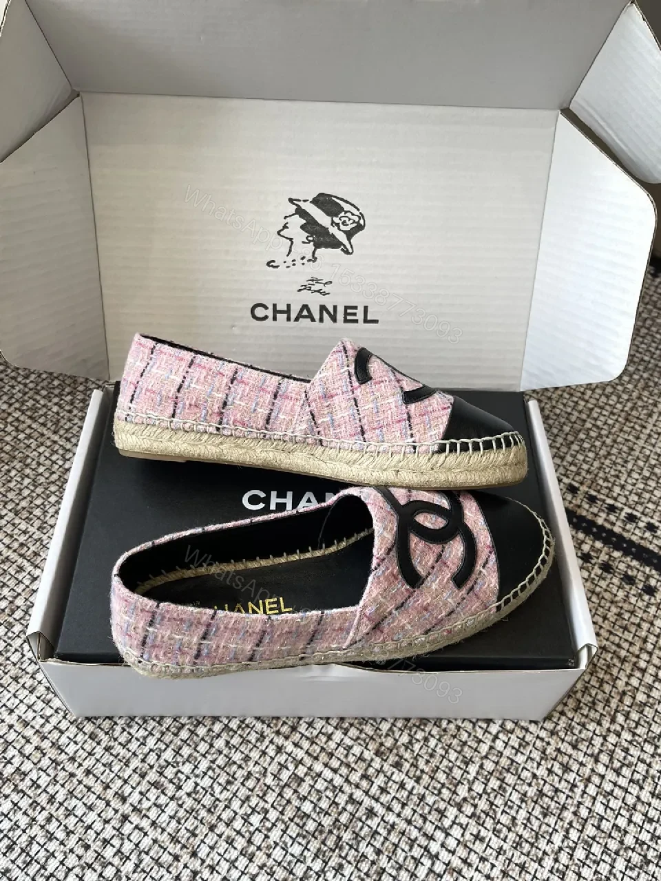 View 5 of Pink Tweed Espadrilles – Black Toe, Logo Detail, Slip-On Comfort