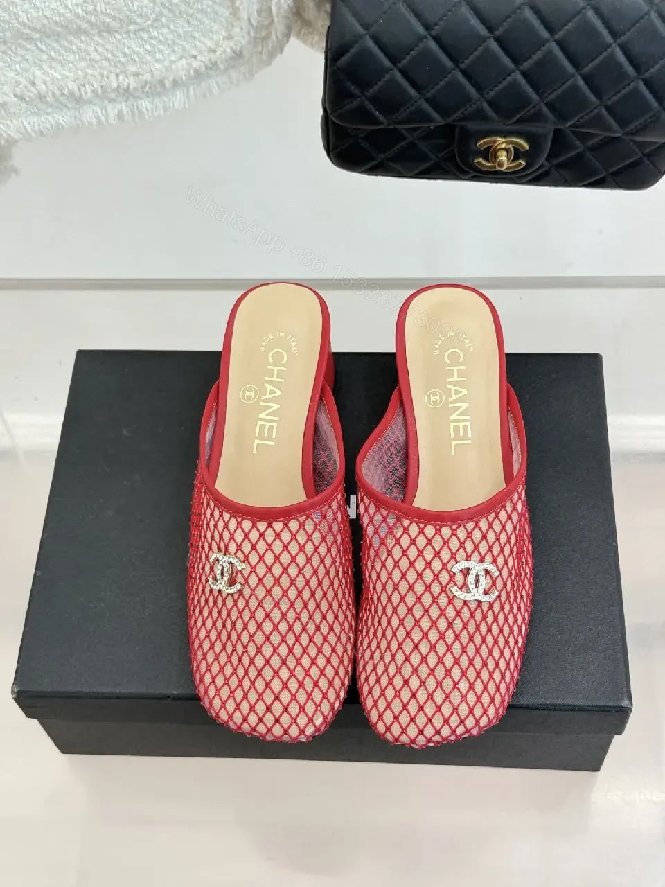 View 6 of Red Mesh Mules Silver CC Logo, Block Heel, Chanel Style Shoes