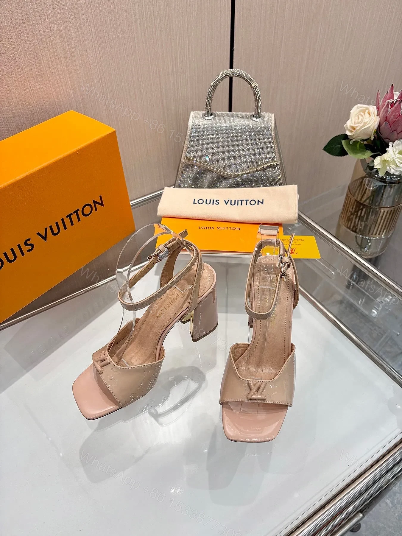 View 2 of LV Women Nude Patent Leather Block Heels