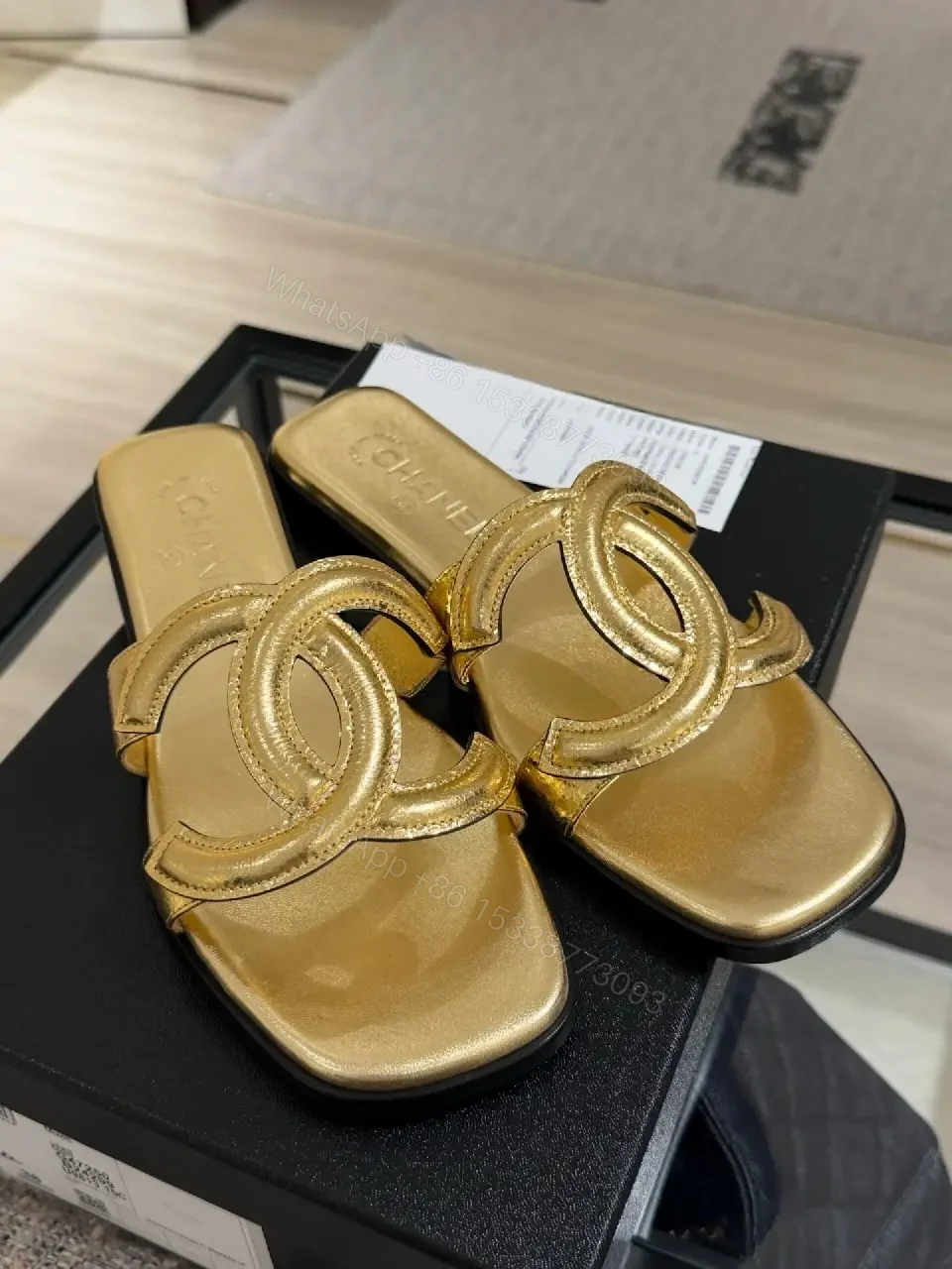 View 4 of Gold Leather Chanel-Style Chain Sandals