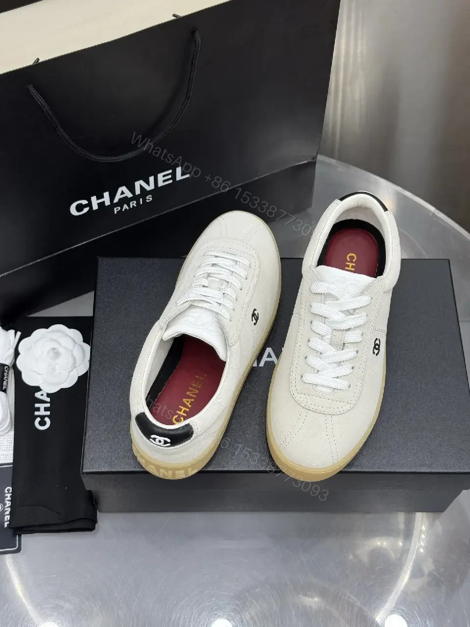 View 2 of Beige Leather Style Sneakers with Gum Sole
