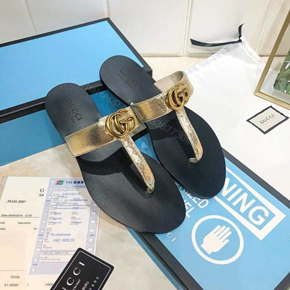 View 2 of Gucci Thong Sandals With Double G Gold