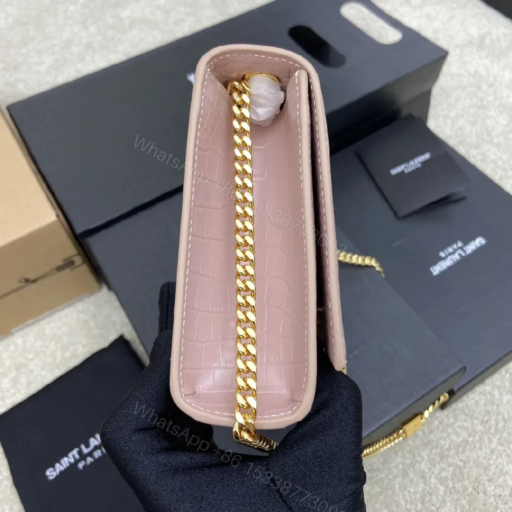 View 4 of Soft Pink Croc Leather Clutch with Gold Hardware