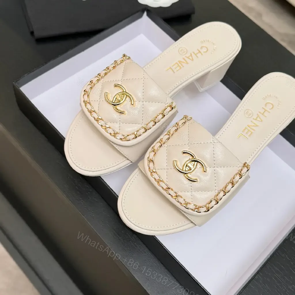 View 3 of Chic Quilted Leather Slides with Gold Logo - Light Beige