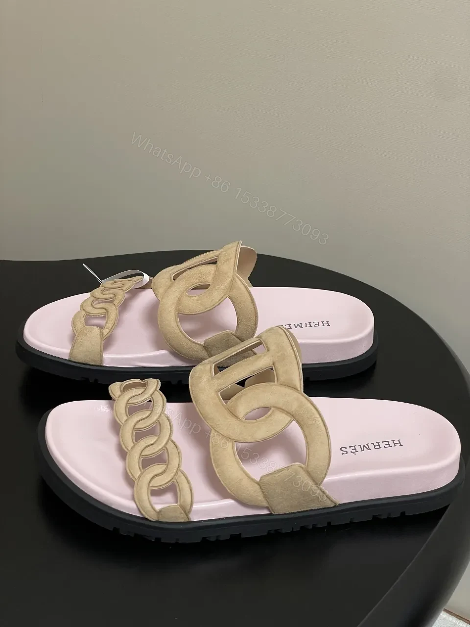 View 7 of Soft Pink Leather Slides with Signature Interlaced Straps