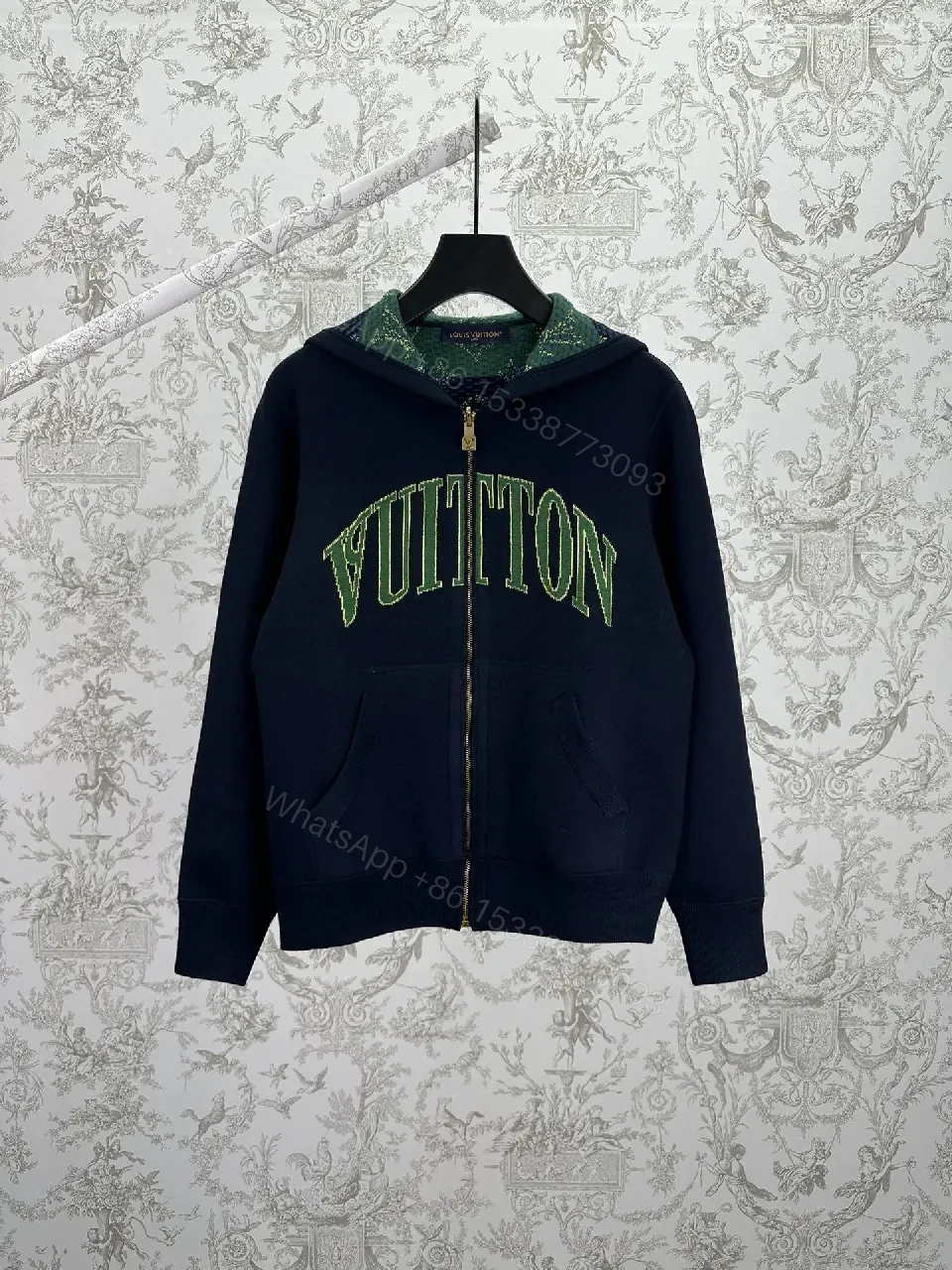 Green embroidery premium zip hoodie, luxury-inspired casual wear — view 1