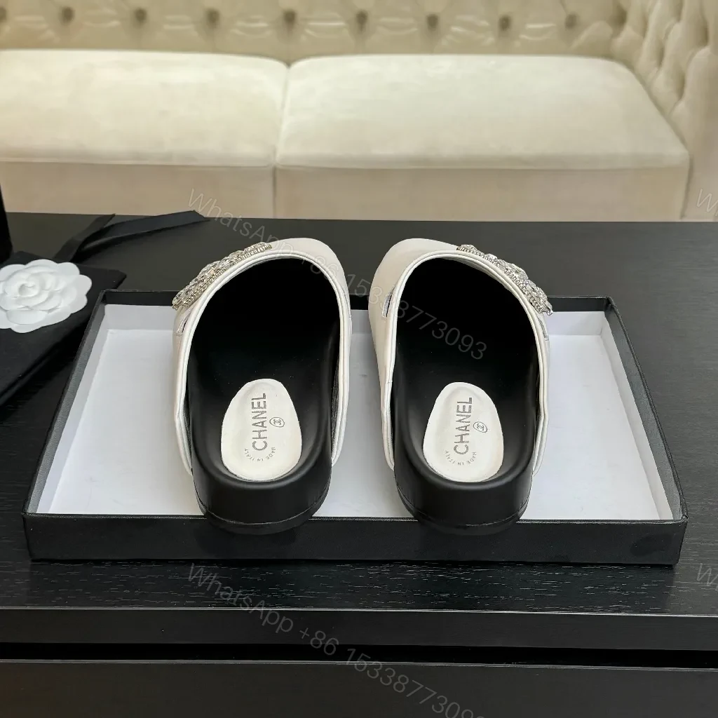 View 9 of Light-Gray Satin Mules with Crystal Emblem - Subtle Glamour