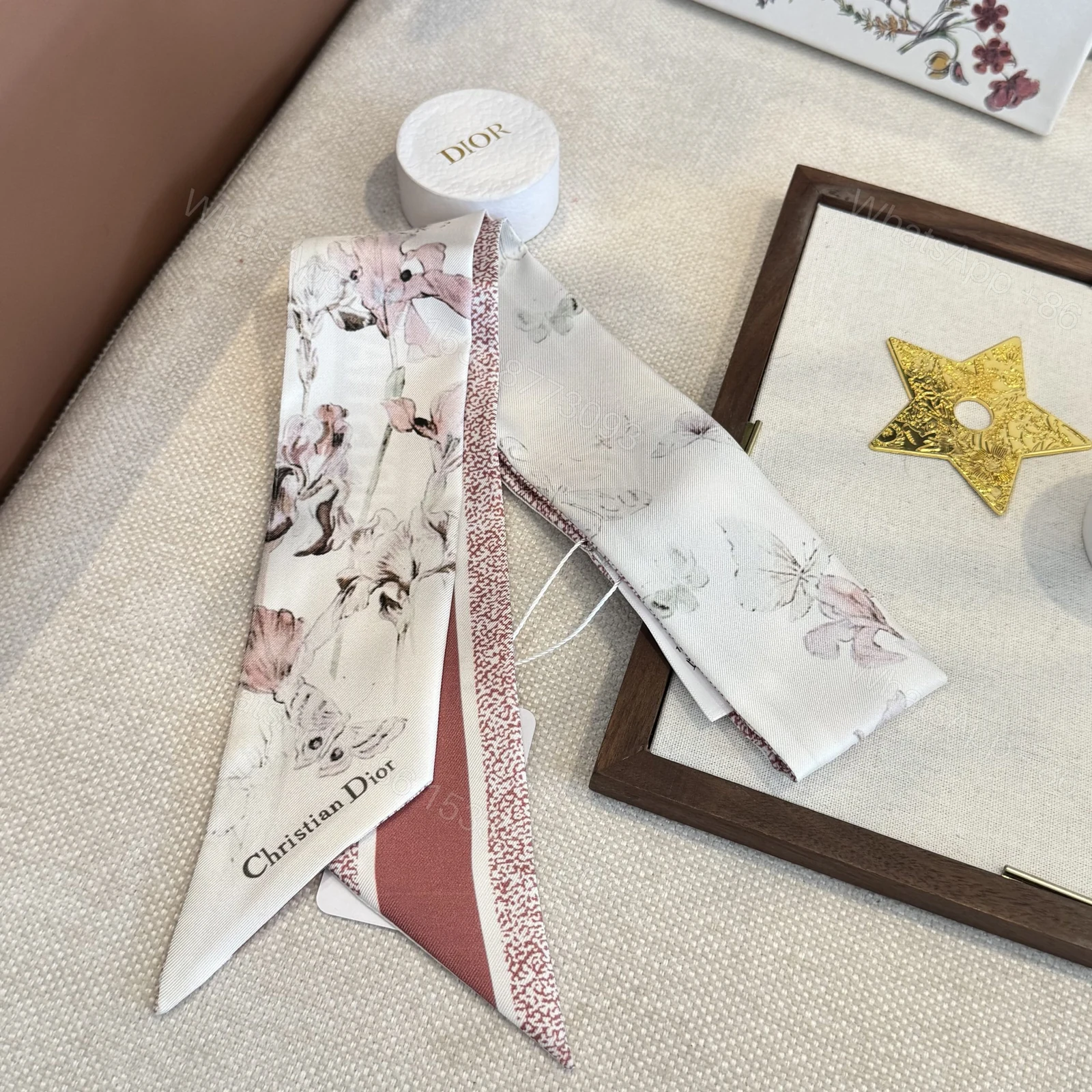 Dior一比一粉色花卉飄帶絲巾法式雙面小絲帶 — view 1