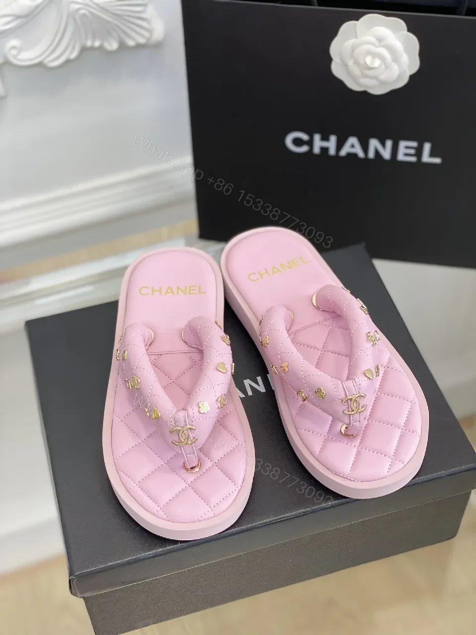 Pink Quilted Sandals with Gold Hardware Slide — view 1