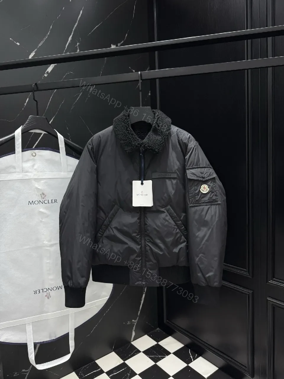 Dark Nylon Bomber: Plush Sherpa Collar Jacket with Quilted Shell — view 1