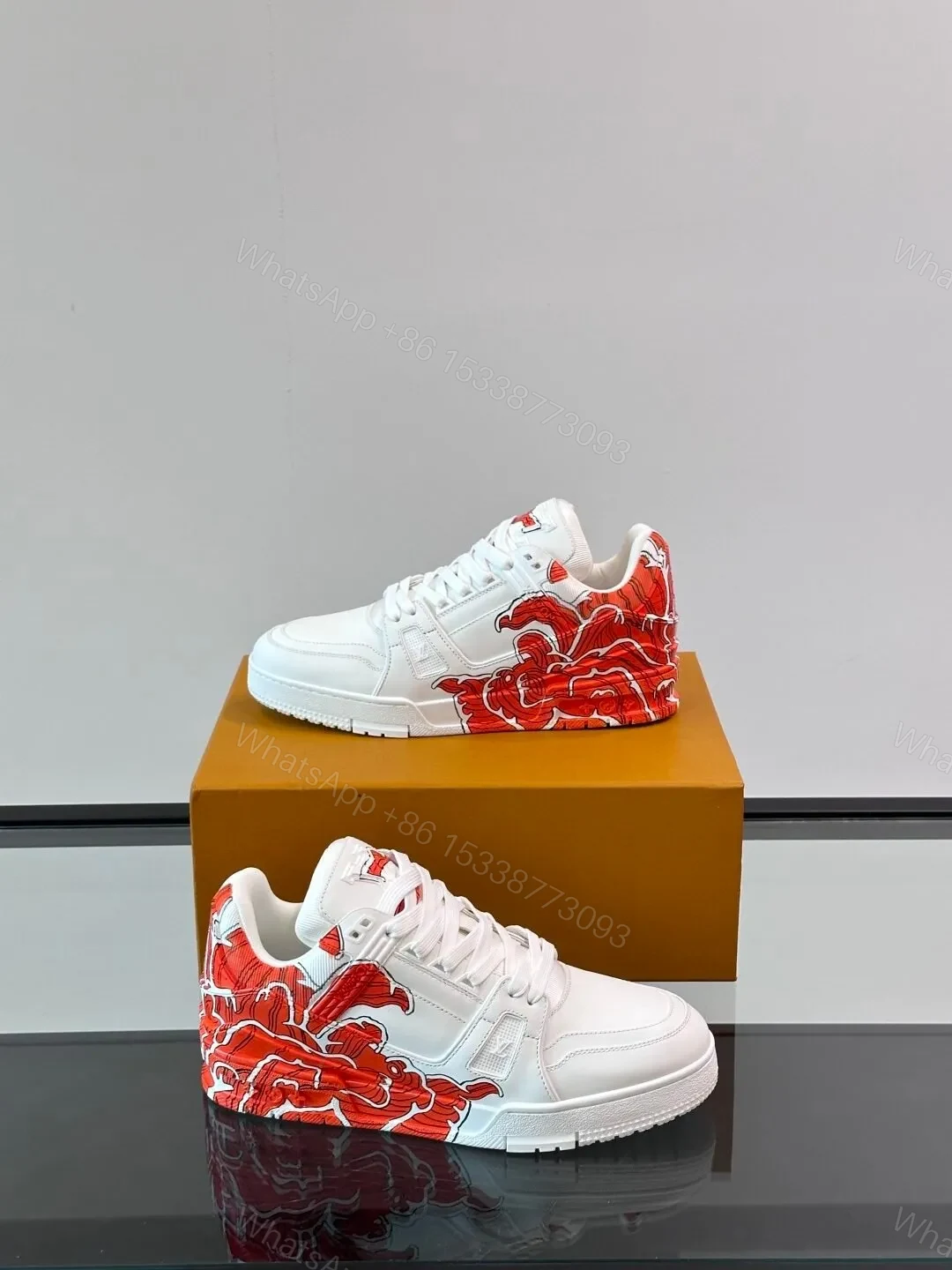 View 4 of LV Men White Leather Sneakers With Red Floral Design