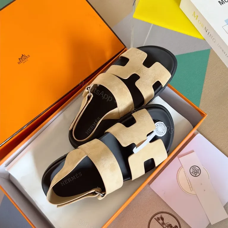 View 2 of Bold Sand & Black Hermes-Inspired Sandals: Modern Luxury Comfort
