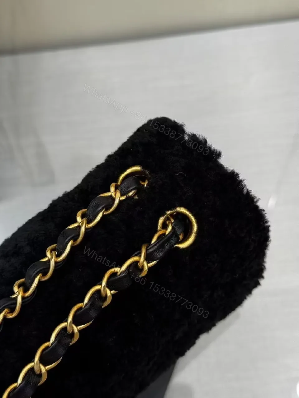 View 3 of Lux Black Shearling Clutch with Gold Logo