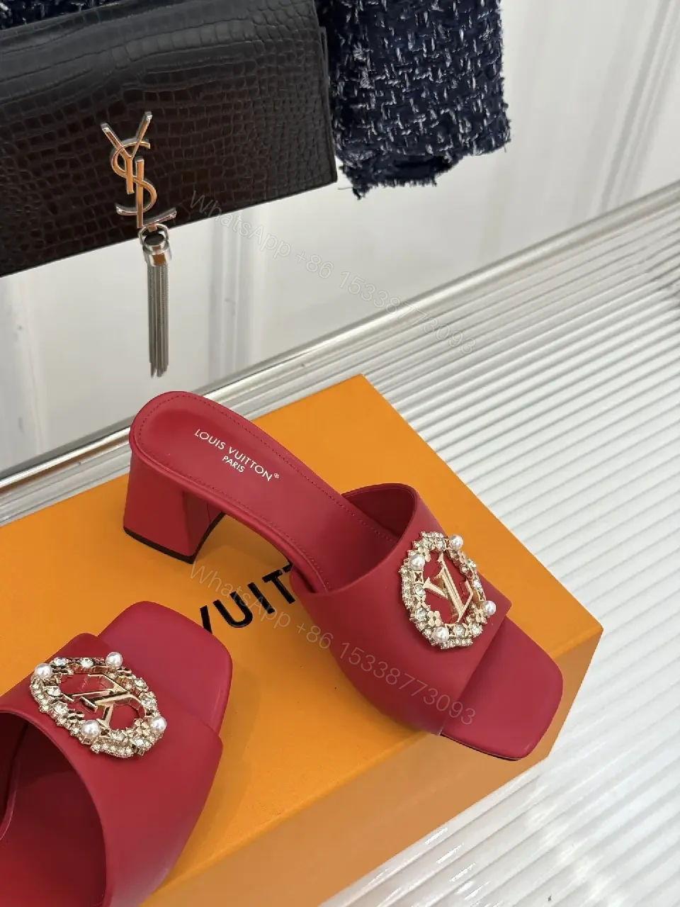 View 3 of Red Satin Luxe Slides with Crystal Buckle - Open-Toe 2-Inch Heel