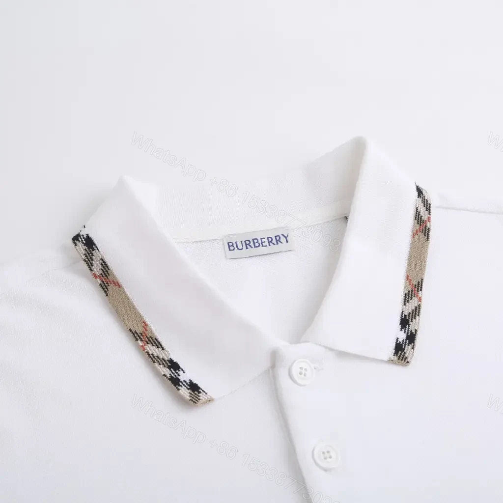 View 3 of White Cotton Polo Relaxed Fit with Burberry Check Trim Polo Shirt