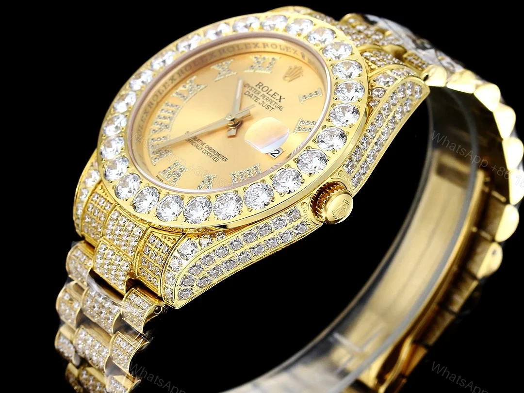 View 6 of Rolex Day-Date Gold Champagne Iced Replica 42MM Premium Full Gold Bracelet Champagne Dial Edition RG-ROLEX-DD-GOLD-CHAMP-ICED-FULL-42