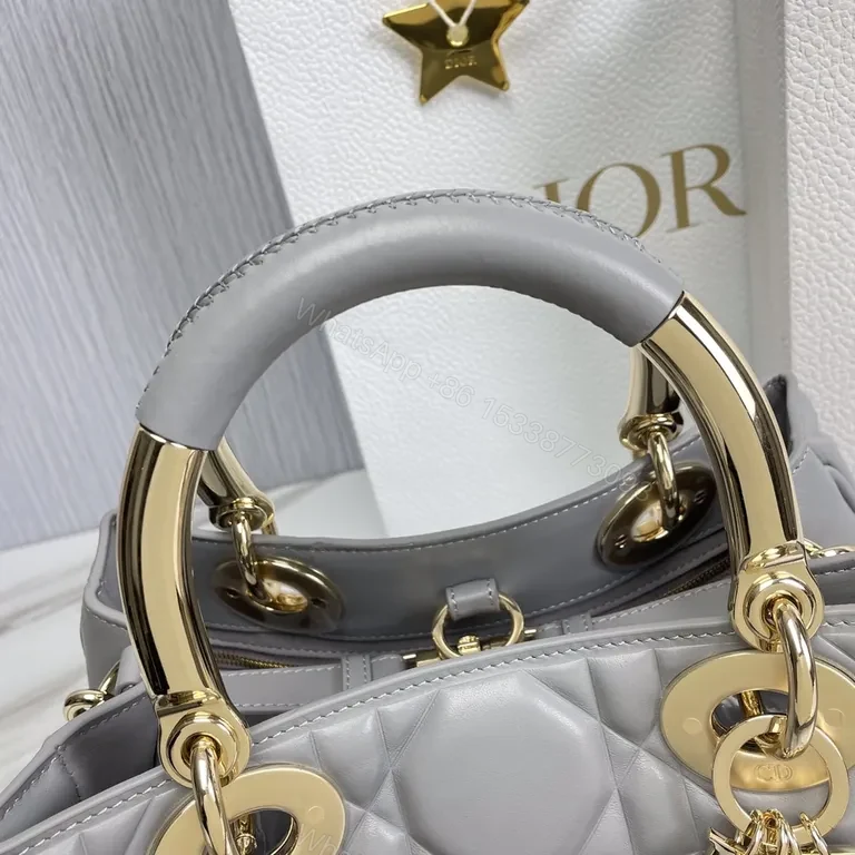 View 6 of Chic Grey Quilted Satchel: Gold-Dior Inspired Luxury Bag