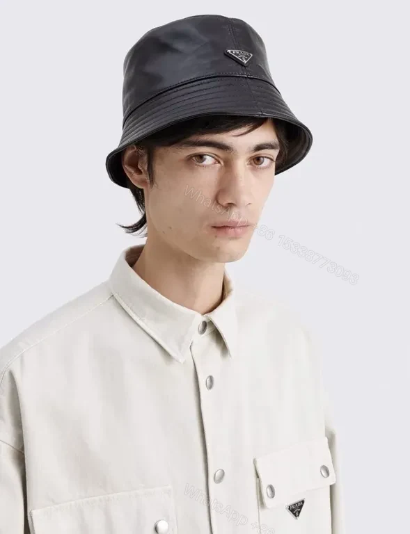 View 2 of Black Leather-Texture Bucket Hat with Prada-Inspired Logo