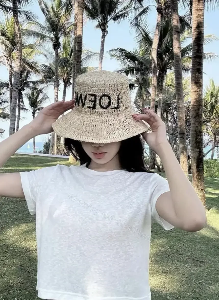View 9 of Natural Straw Hat with LOEWE-Style Print - Lightweight, Sun-Shielding Cap