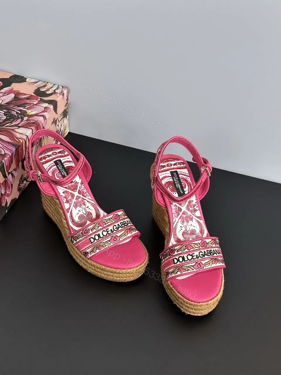 Vibrant Pink Espadrille Wedges with Logo Textile Details — view 1