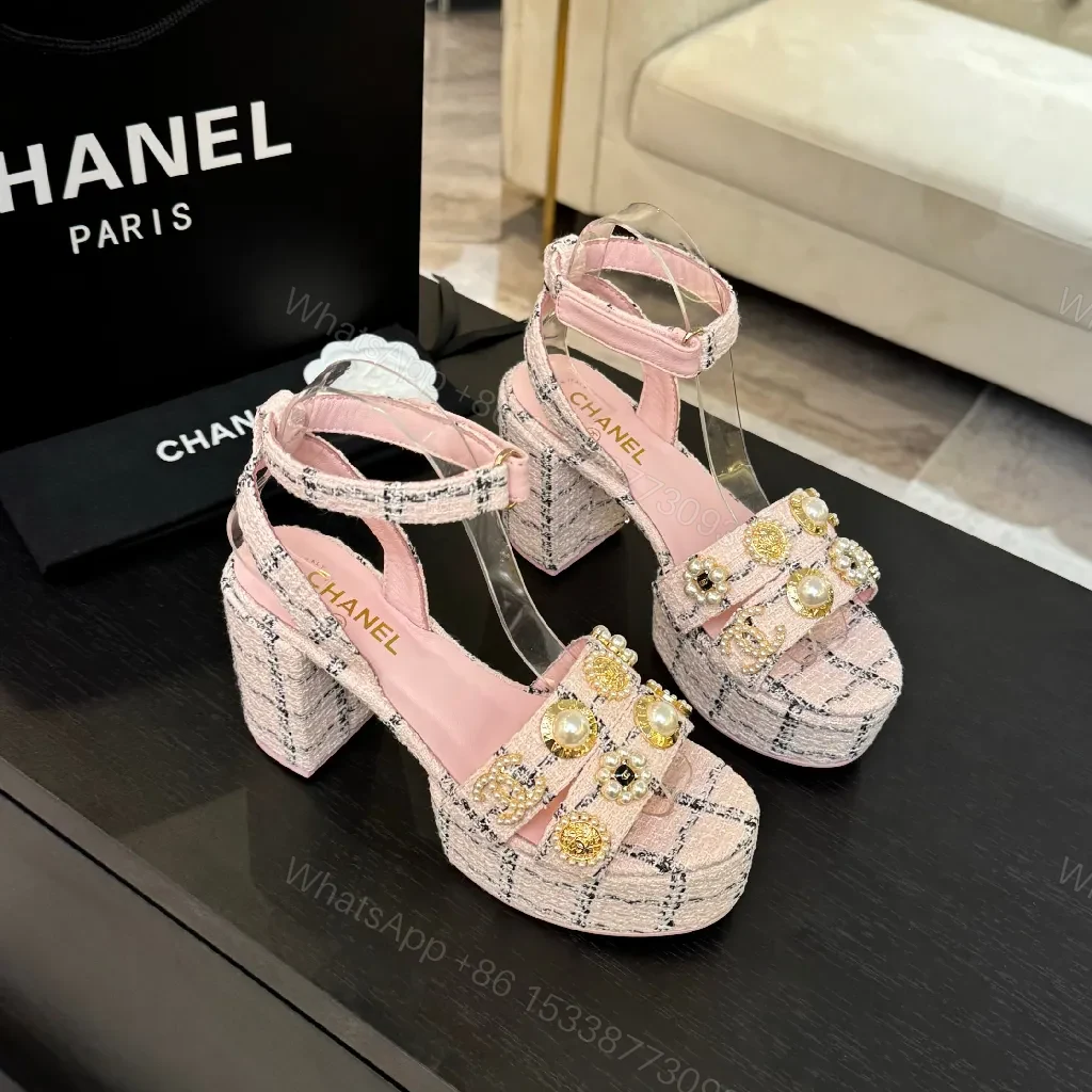 View 2 of Chanel-Inspired Pink Tweed Slingback Heels with Embellished Straps