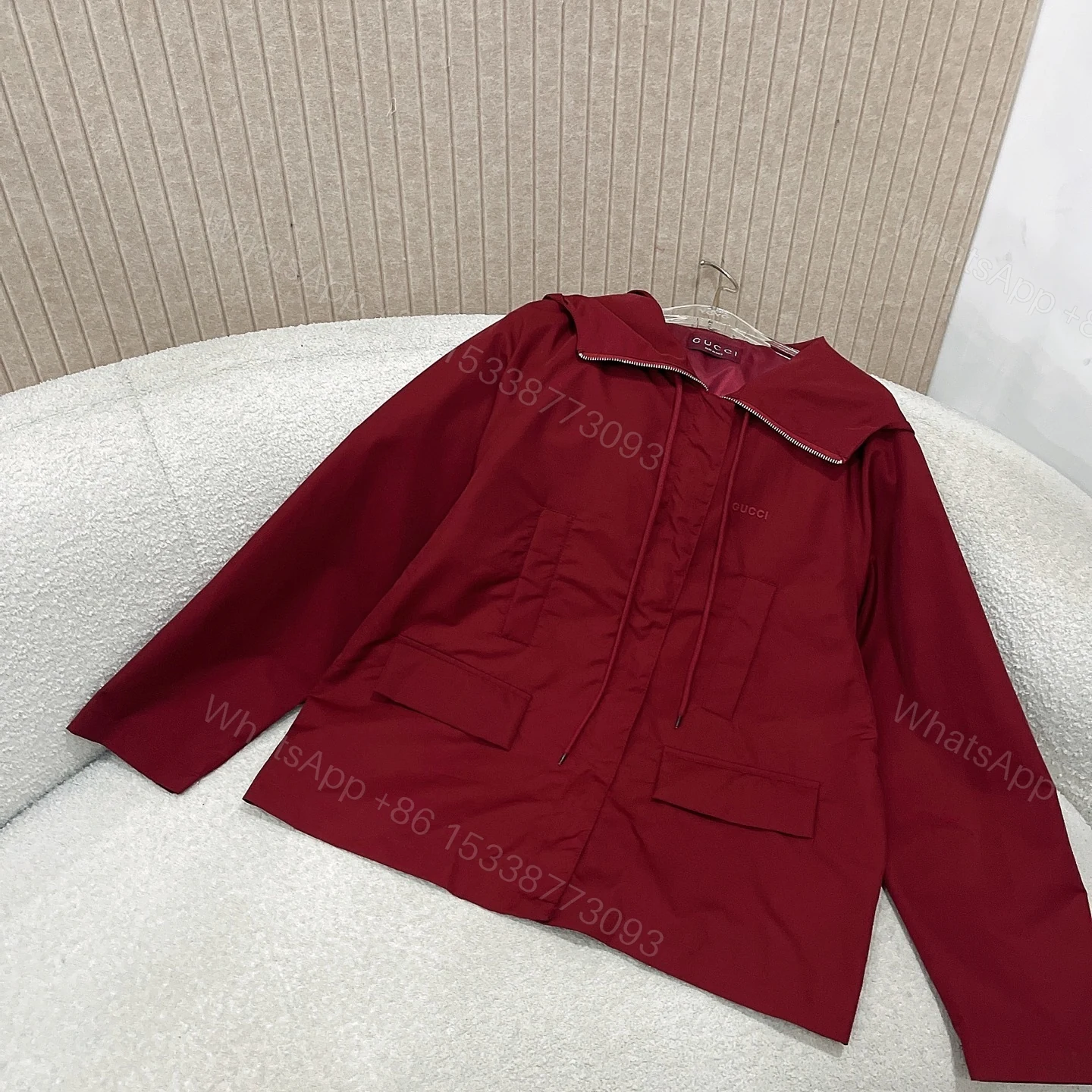 View 3 of Gucci Hooded Fabric Jacket With Logo Rosso Ancora Red