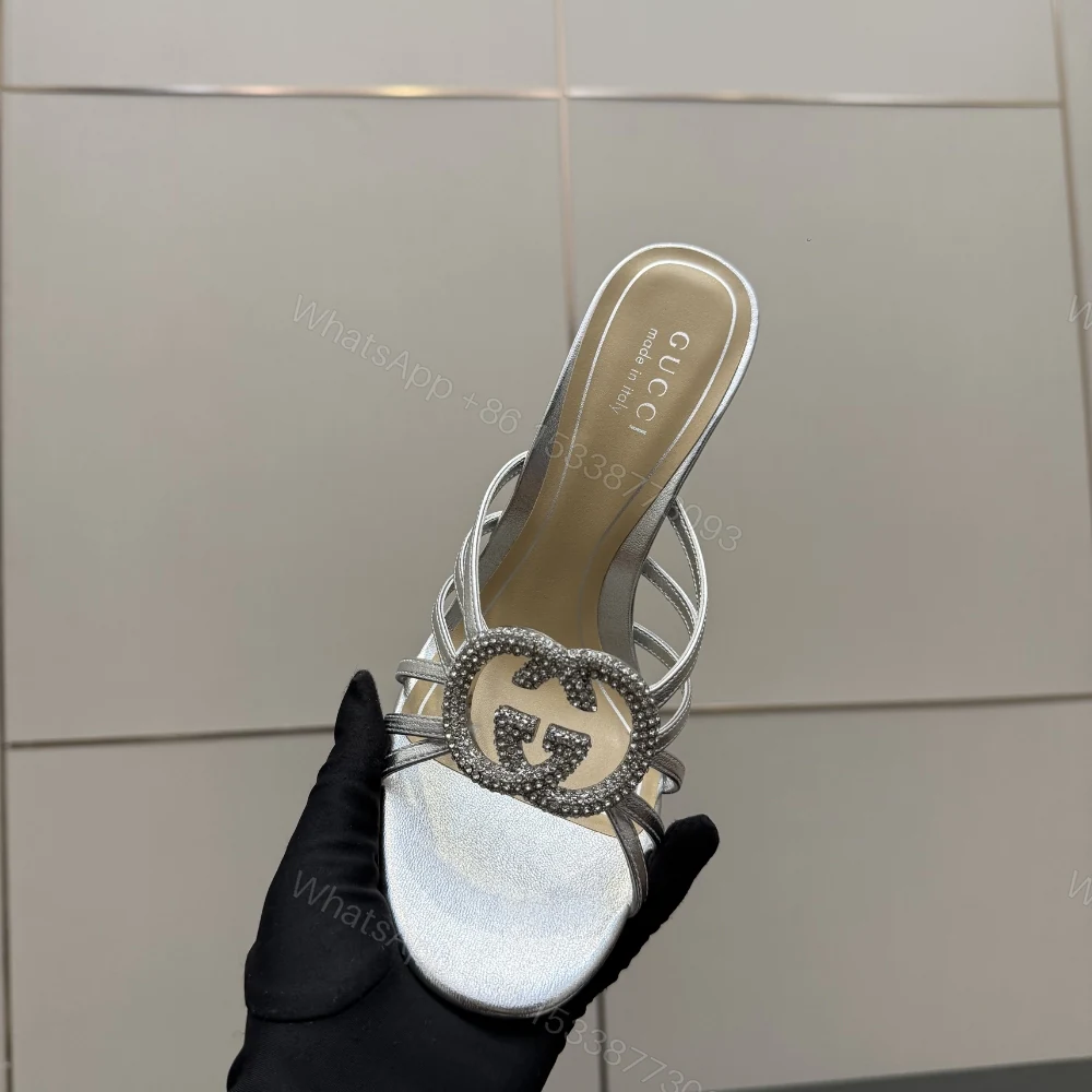 View 8 of Gucci Women Slide Sandal With Crystal Interlocking G Silver