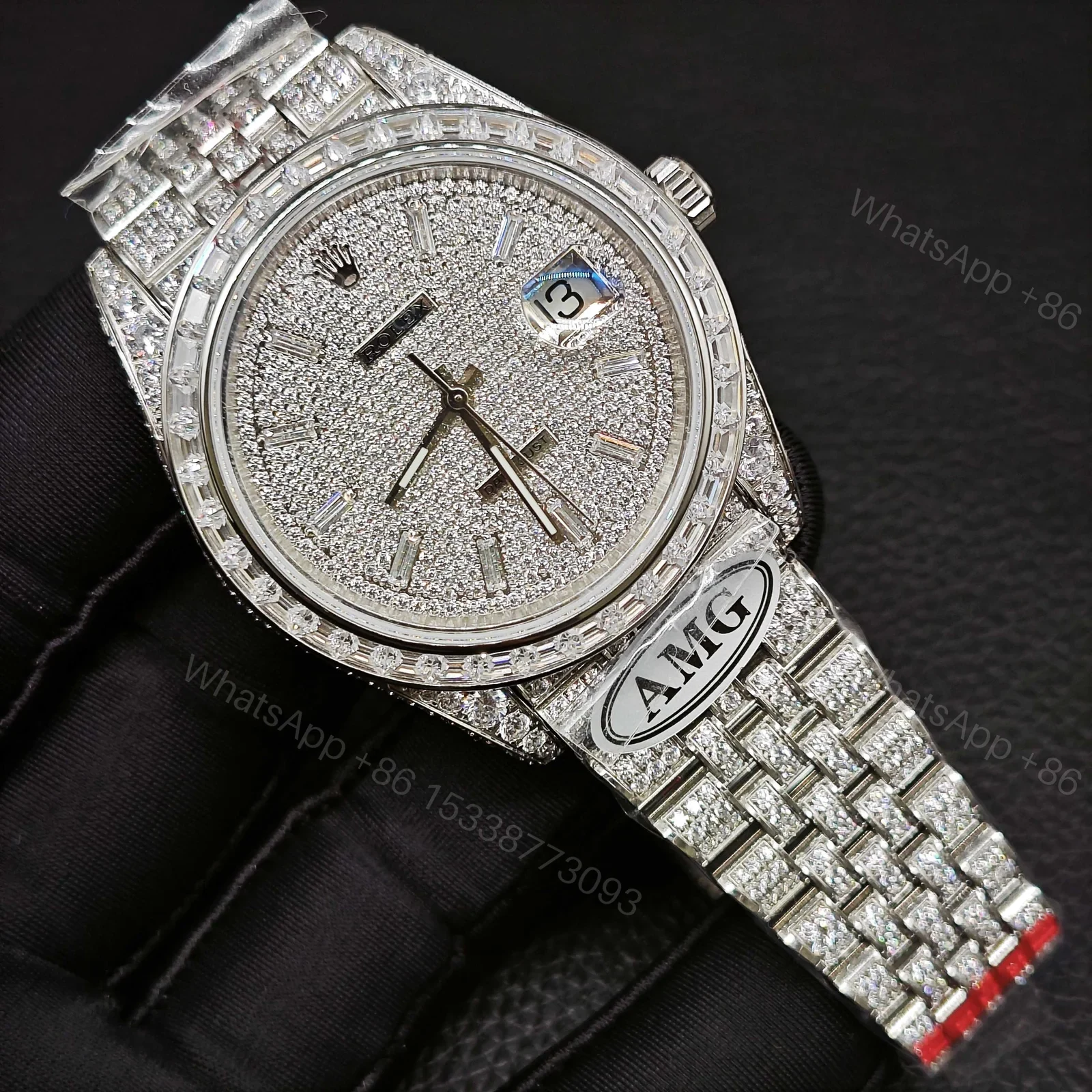 View 2 of Rolex Datejust Full Diamond 41mm Silver Pavé Dial Baguette Bezel President Bracelet RLG-DJ-FULLDIAMOND-41MM-SILVER
