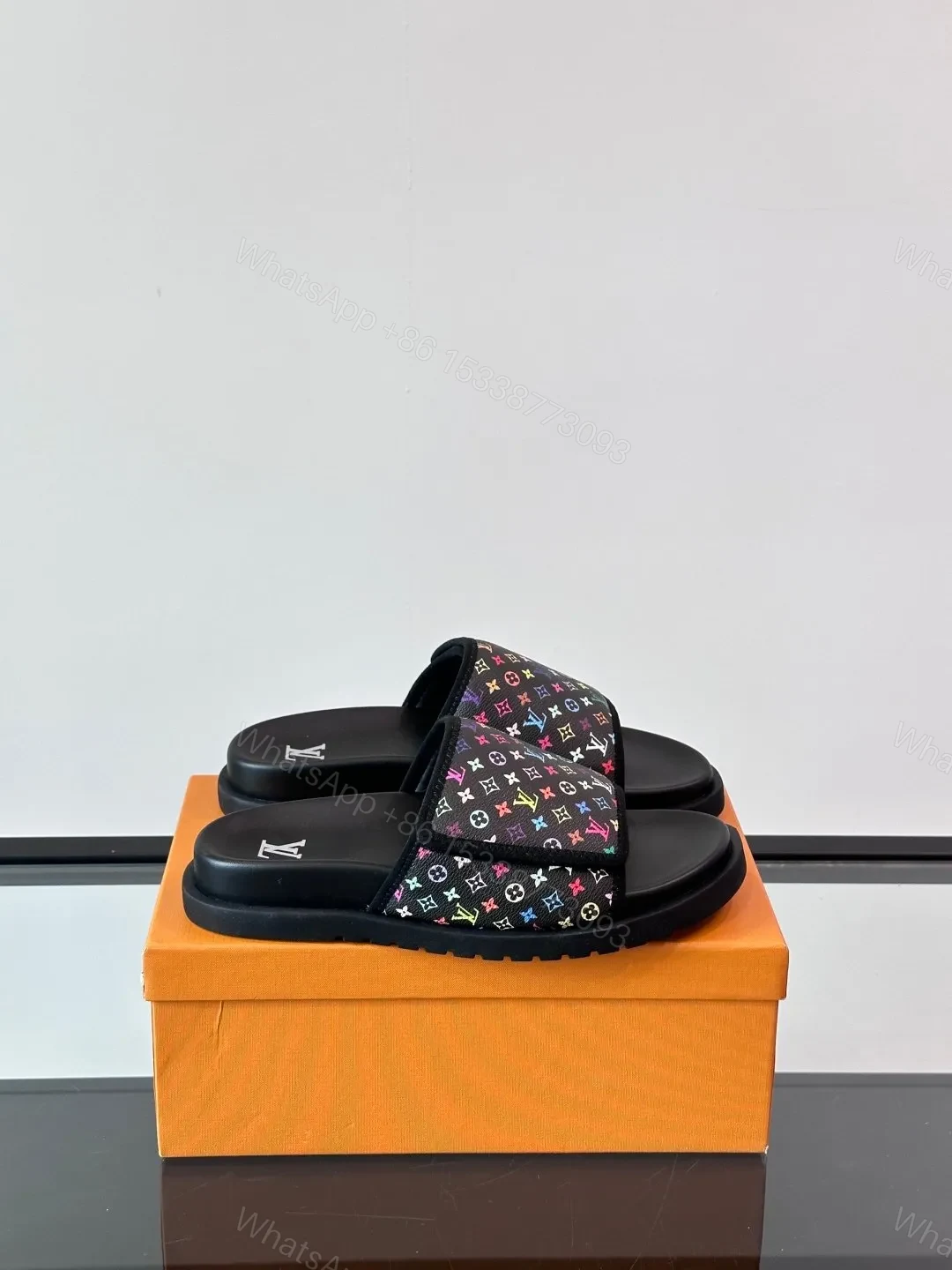 LV Men Black Canvas Multicolor Print Slides — view 1