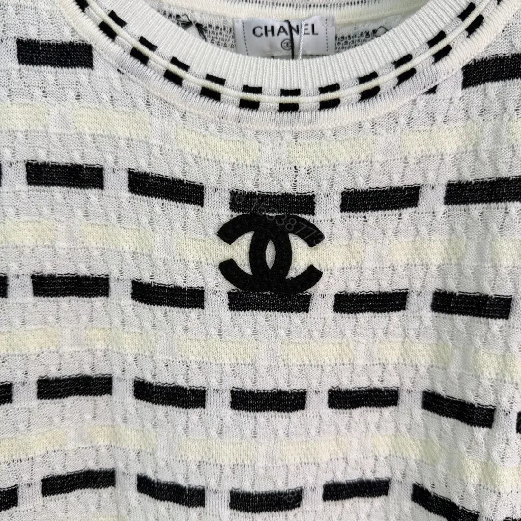 View 9 of White Knit Top Textured Striped Chanel Logo Short Sleeve Top
