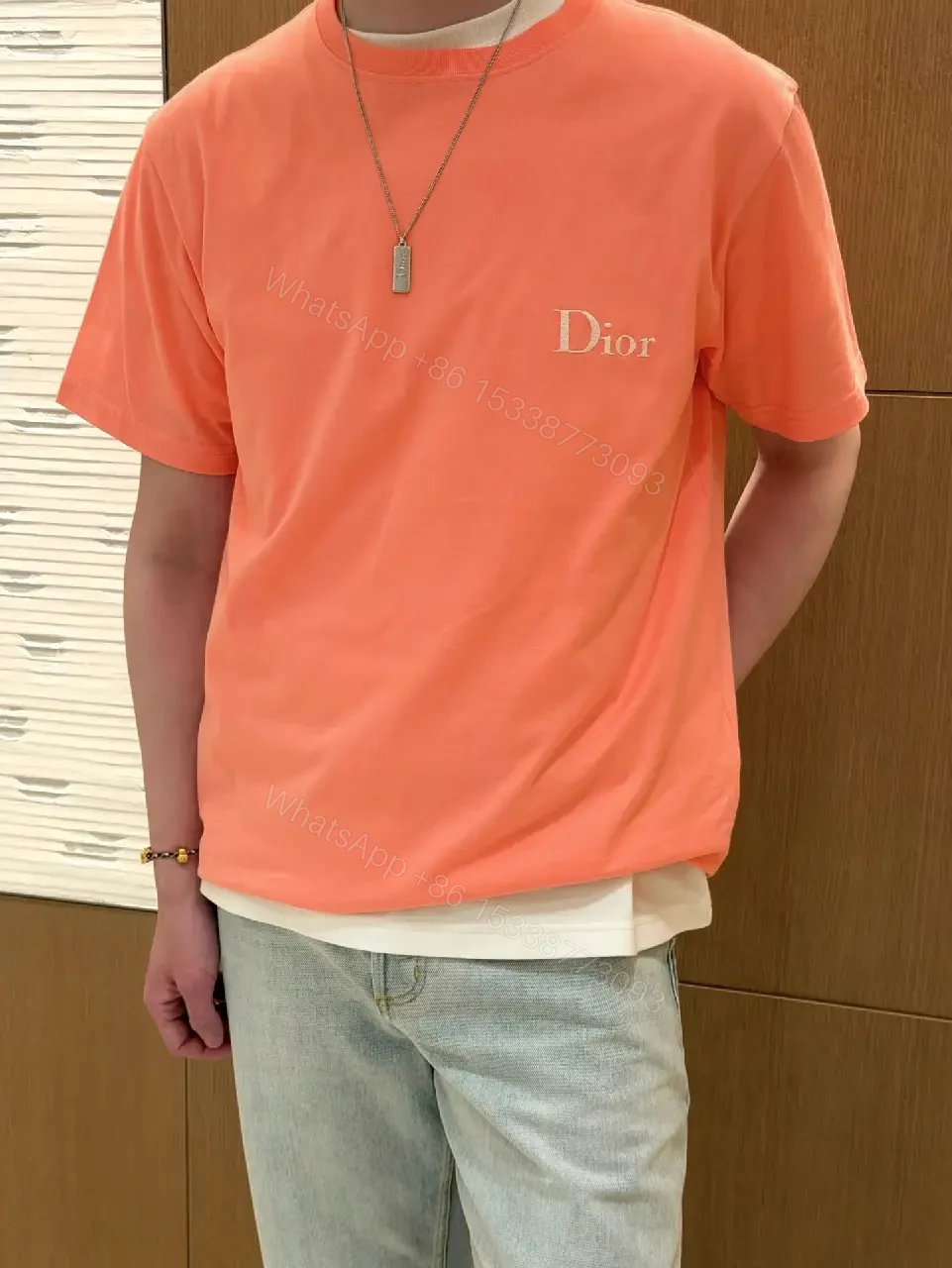 View 3 of Coral Cotton Tee — Minimal Dior Accent, Relaxed Fit, Breathable
