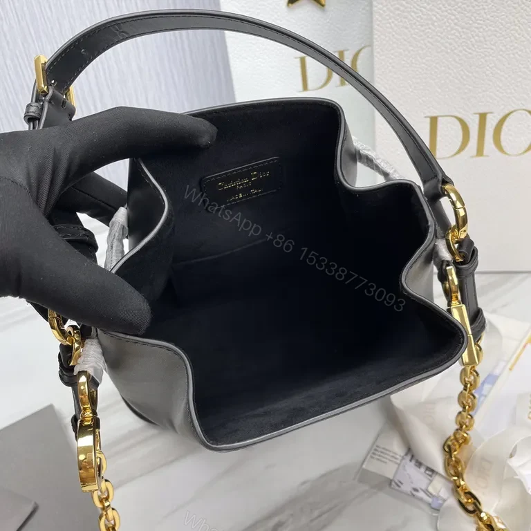 View 3 of Lux Black Leather Bucket Bag with Gold Hardware - Dior-Inspired Elevation