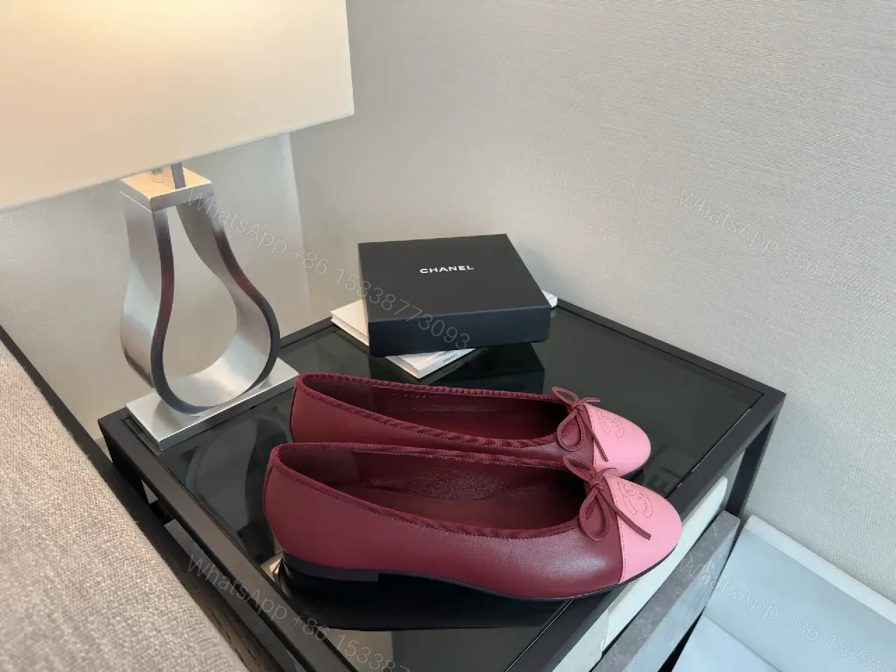 View 9 of Pink Cap Toe Bow Flats - Leather Style with Logo Embroidery, Chanel-inspired