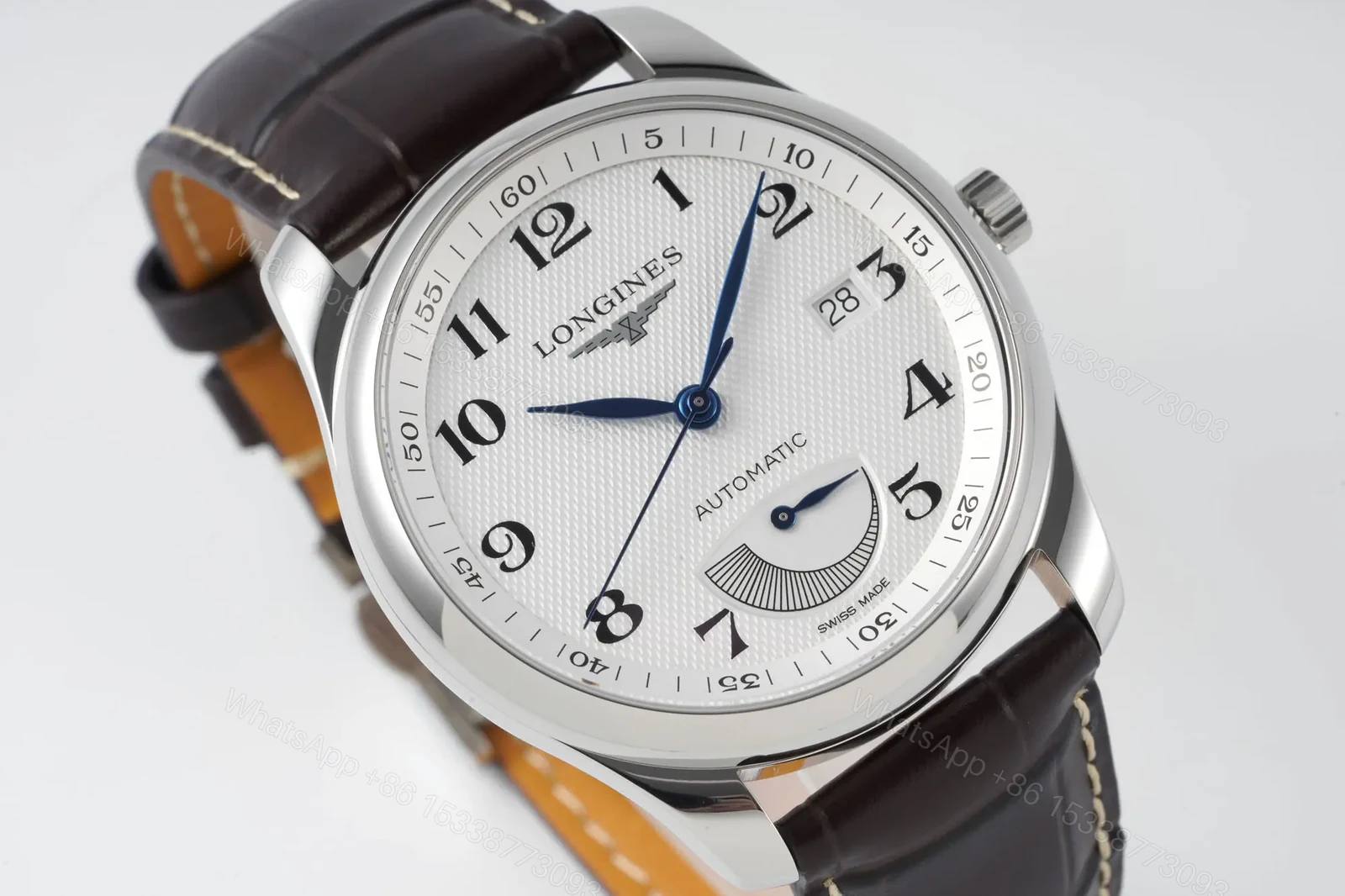 View 3 of Longines Master Collection Automatic Watch Silver Dial Blue Hands Brown Leather Strap