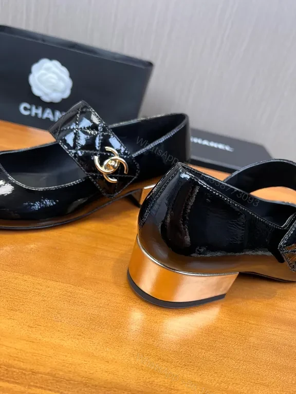 View 2 of Chanel-Inspired Patent Mary Jane Heels - Quilted Strap, Black