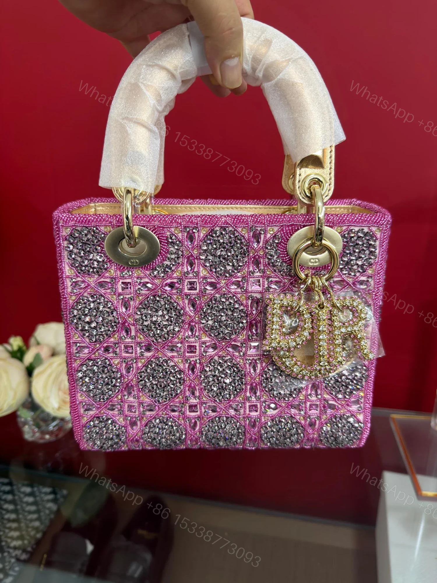 LADY DIOR BAG Metallic Calfskin & Satin with Rose Des Vent — view 1