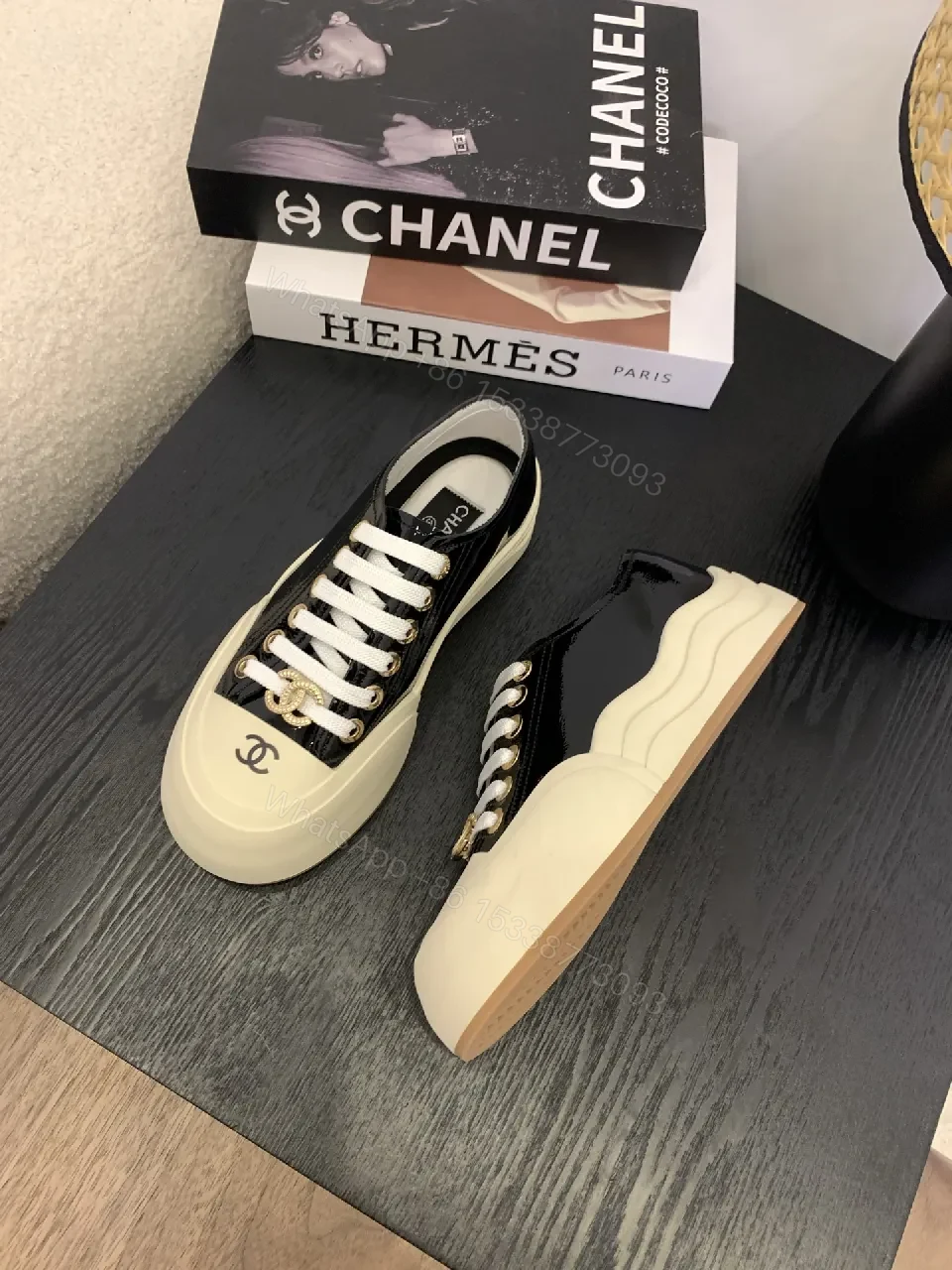 View 3 of Chic Patent-Accent Low-Top Sneakers with Luxe Hardware