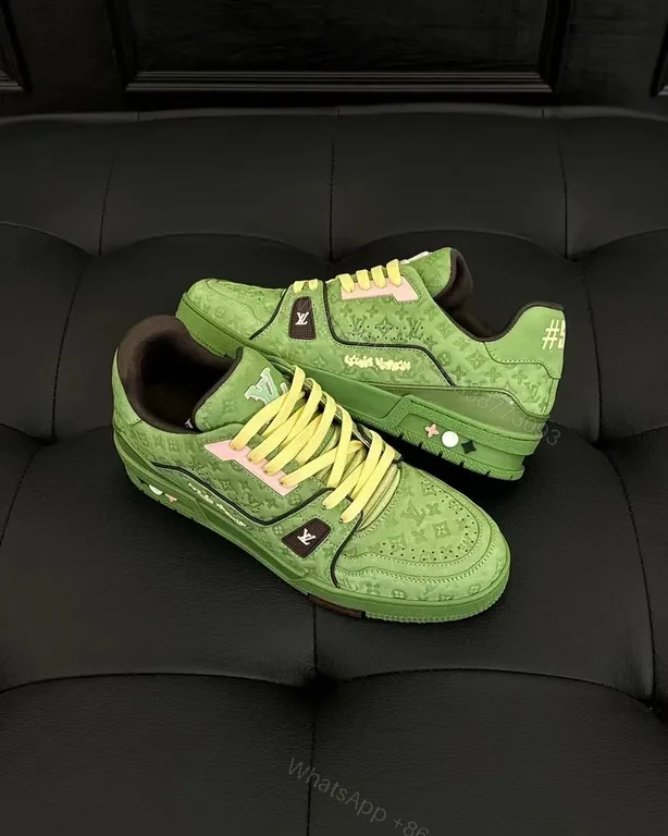 View 2 of Green LV-Style High-Top Sneakers with Signature Motif